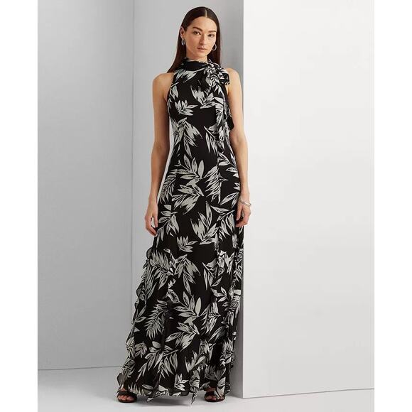 Lauren Ralph Lauren Botanical Georgette Maxi Dress Gown Black White 12 Event - Picture 1 of 12
